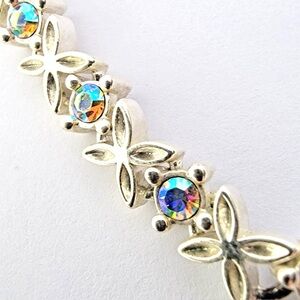 Tennis Bracelet Dazzling Silver Aurora Borealis Colors Floral Bracelet Vintage